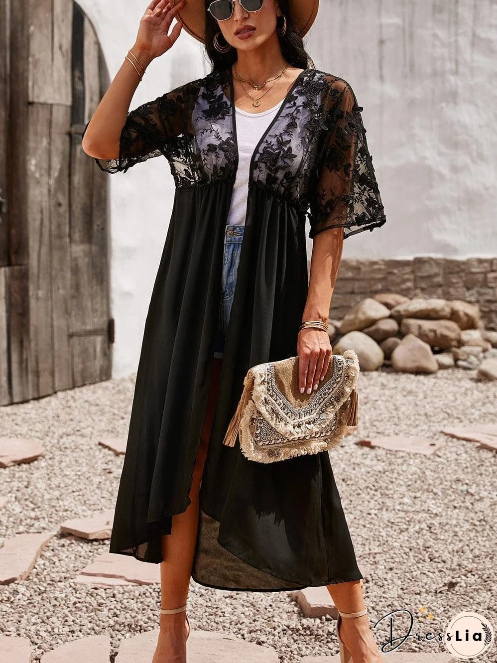Elegant Pink Floral Lace Kimono Cover-Up