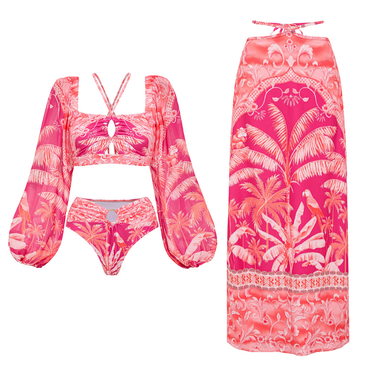 Long-sleeved Tropical Jungle Print Bikini Swimsuit and Sarong Flaxmaker 