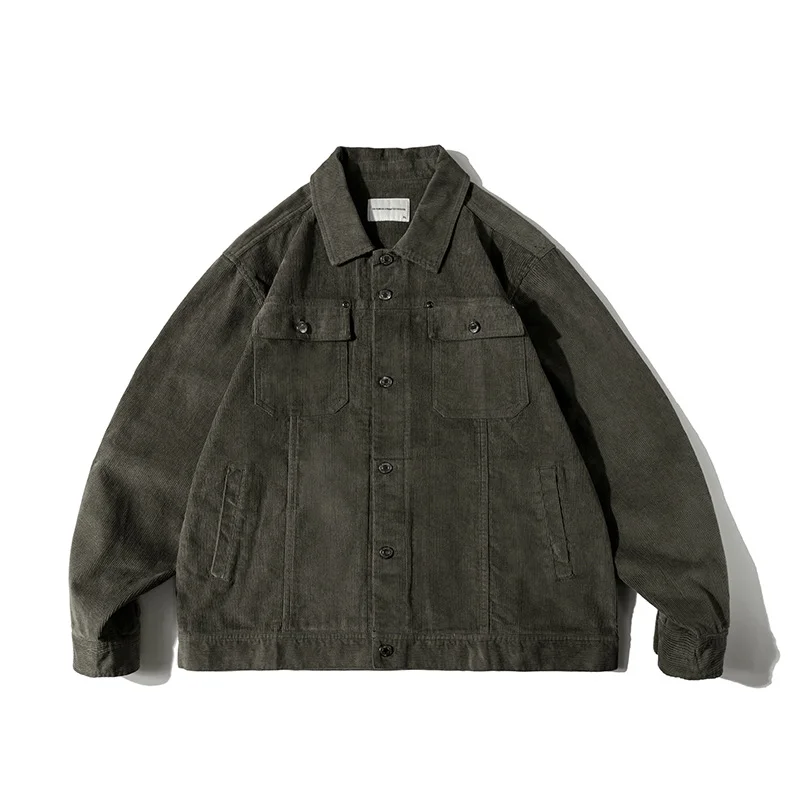 Men's Cargo Jacket Vintage Workwear Lapel Shirt Retro Corduroy Coat 100% Cotton