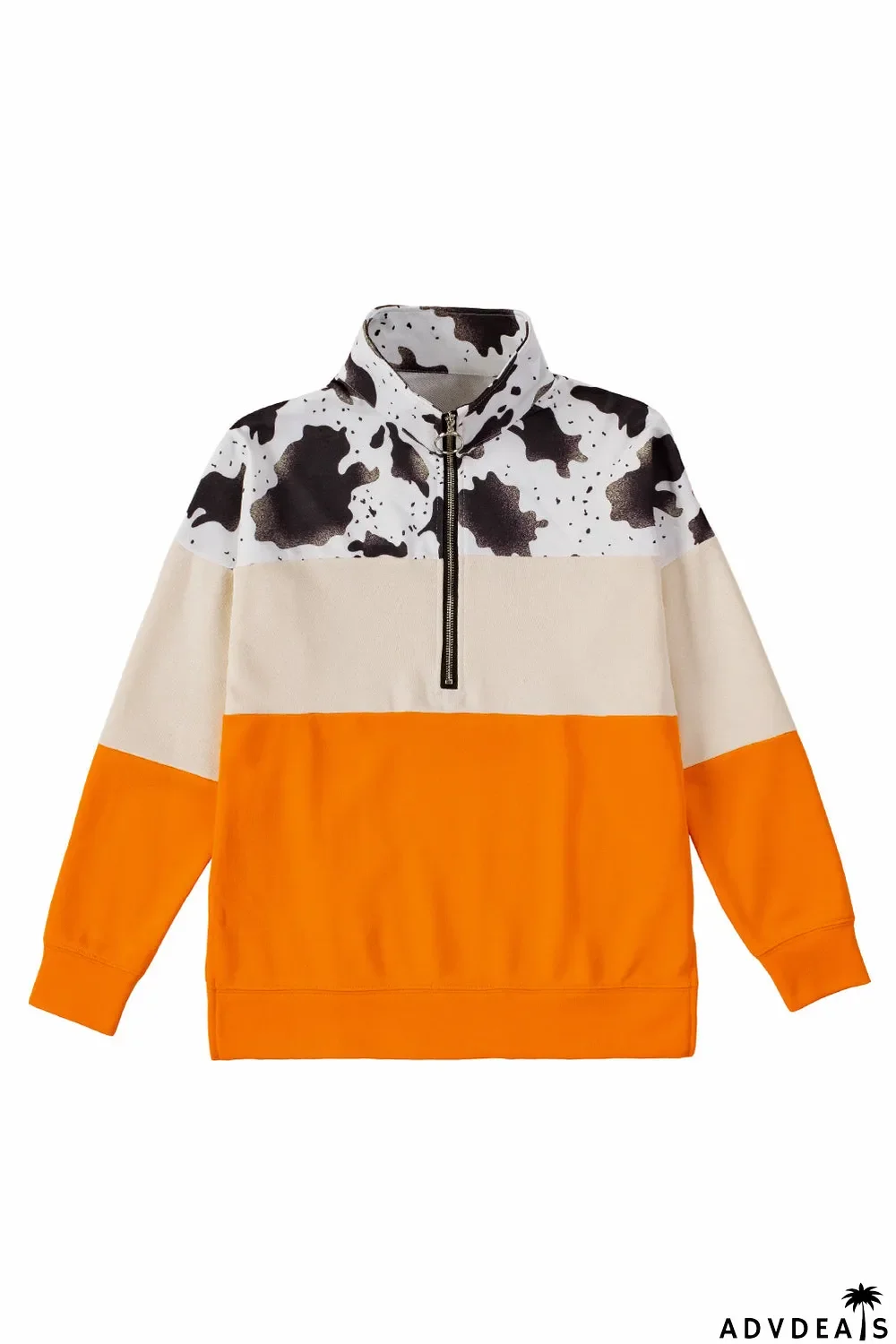 Cow Print Color Block Zip-Up Pullover Sweatshirt
