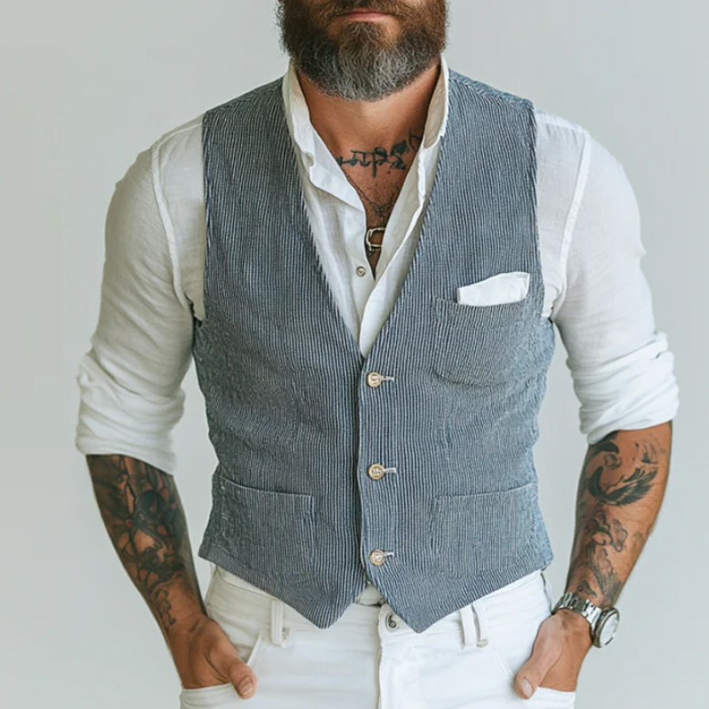 Men's Casual Cotton Blended Striped V-Neck Single-Breasted Slim Fit Suit Vest
