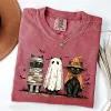 Unisex Retro Comfort Colors Halloween Ghost Cat Printed Short Sleeve T-Shirt