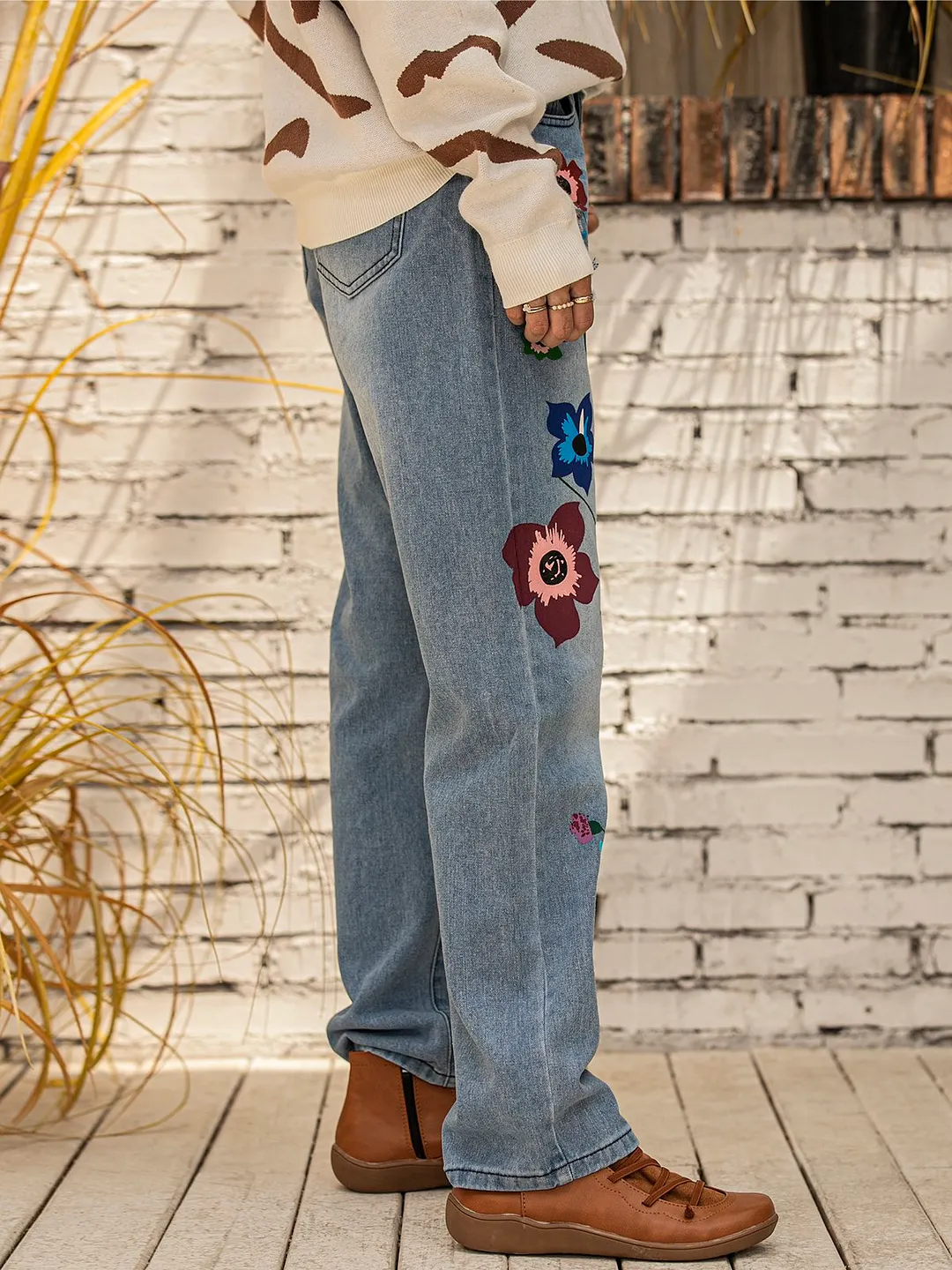 All Season Denim Floral Casual Jeans