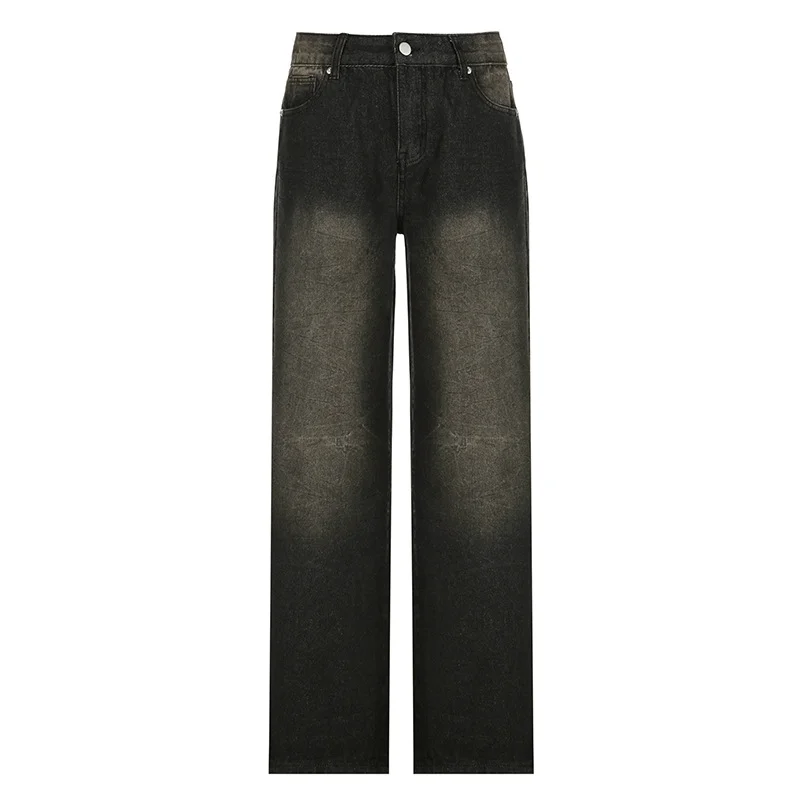Ueong High-Waisted Loose Wash Street Simple Straight Casual Pants 2024 Textured Fabric Jeans