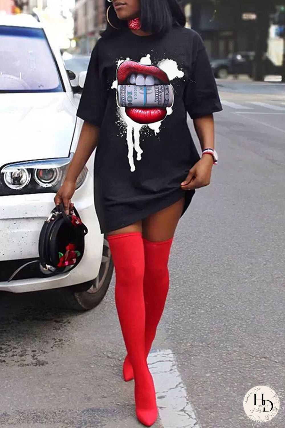 Red Fashion Casual Print Basic O Neck Short Sleeve Dress