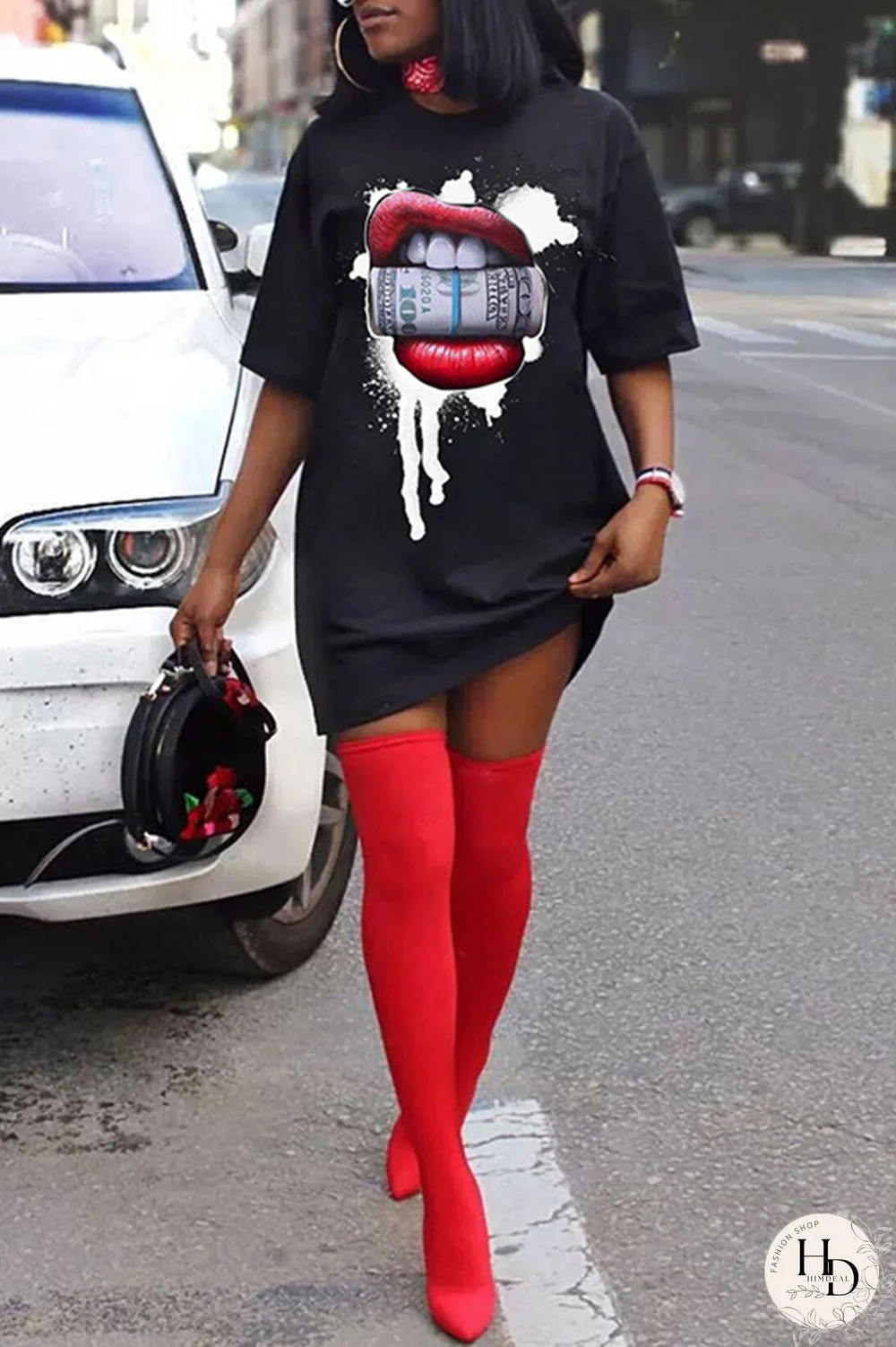 Red Fashion Casual Print Basic O Neck Short Sleeve Dress