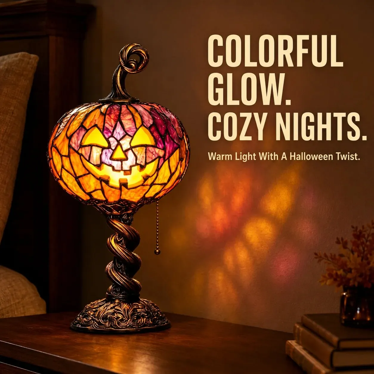 Vintage Halloween pumpkin lamp glowing indoors