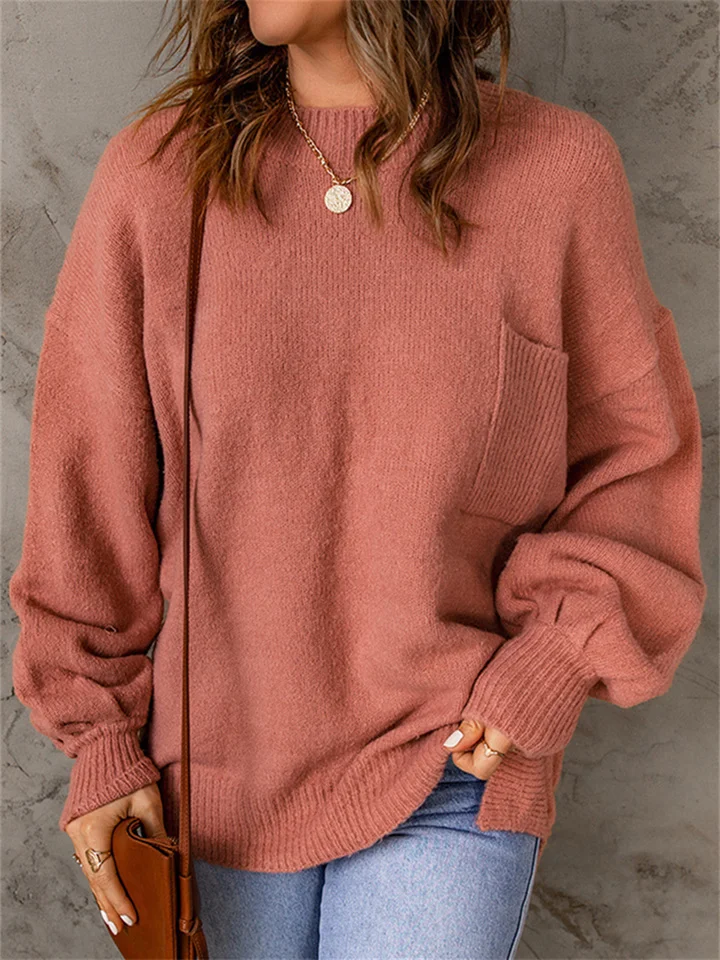 Solid Color Casual Long Sleeve Sweater with Pockets