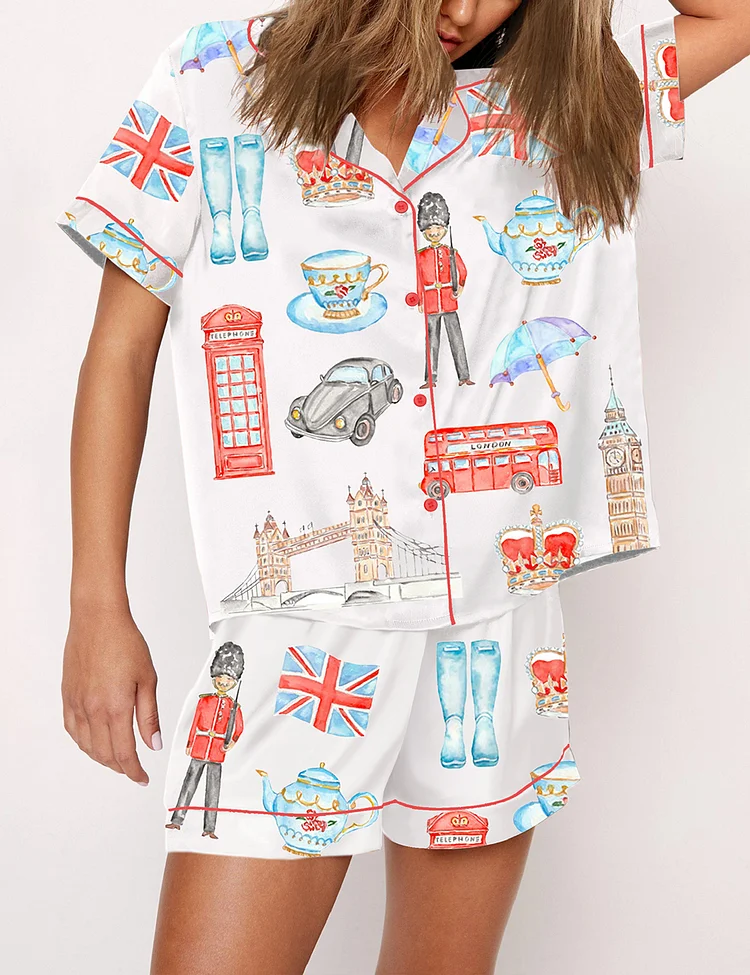 Women&rsquo;s Watercolor London Art City Bus Sightseen Bridge Telephone Short Sleeve Satin Pajama Set