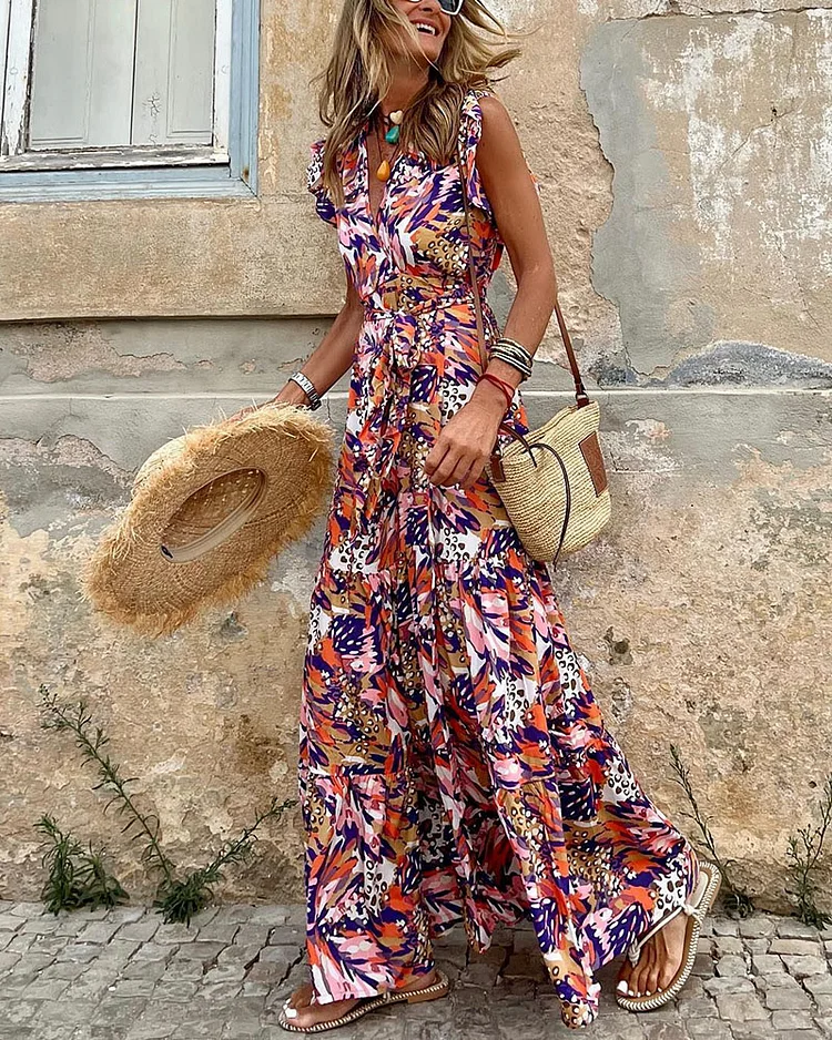 Summer casual printed V-neck swing dress