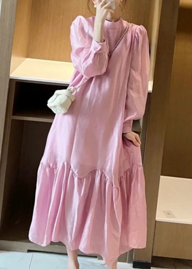 Cute Pink O-Neck Patchwork Wrinkled Long Dress Spring