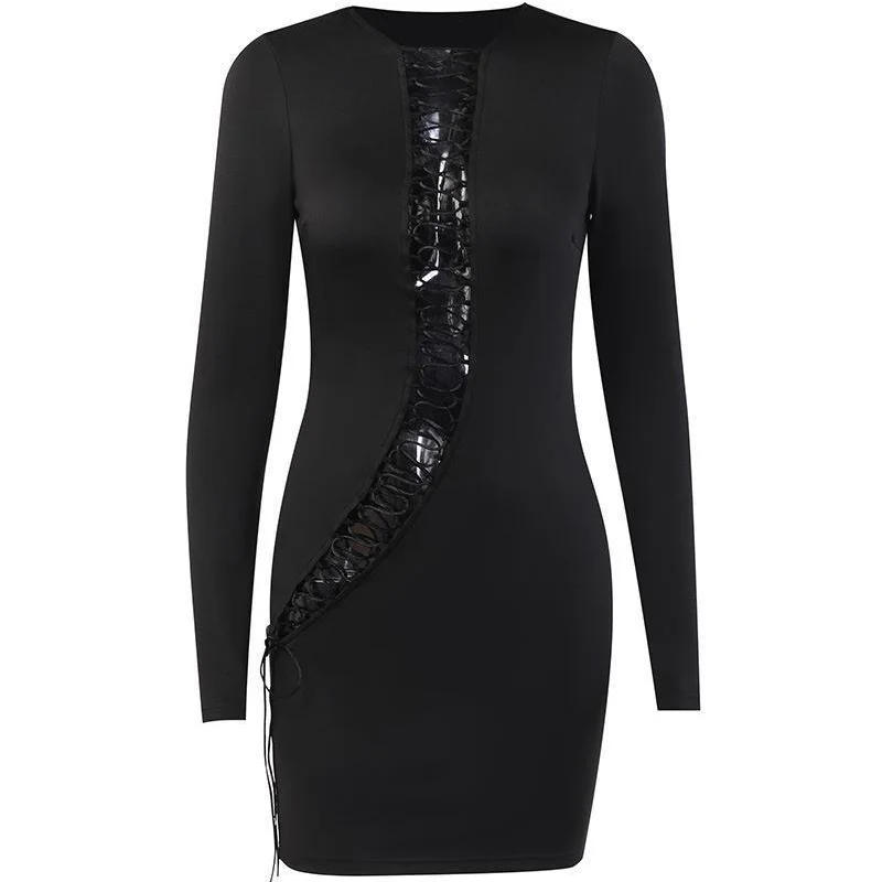 Uveng Uveng Street Fashion Sexy Slim Bag Hip Personality Pure Color Short Money Tie Hot Girl Dress Female