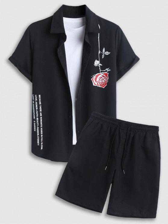 Rose Pattern Shirt And Drawstring Casual Shorts Set