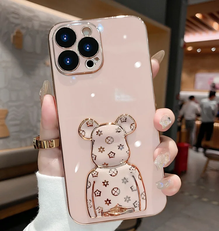 New Cartoon Cute Stand Holder Case For IPhone 15 14 Pro Max 11 12 13 14 15 Pro Max Funda Camera Plating Silicon Kickstand Cover