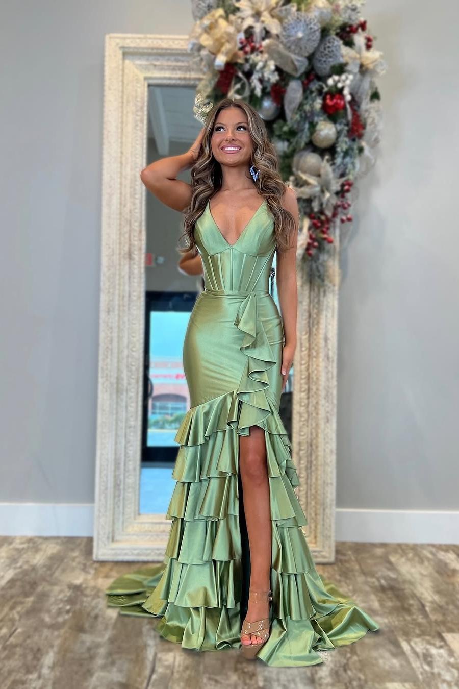 Charming Dusty Sage Spaghtti Strap Sleeveless Long Split Prom Dress with Ruffles | MS0402   