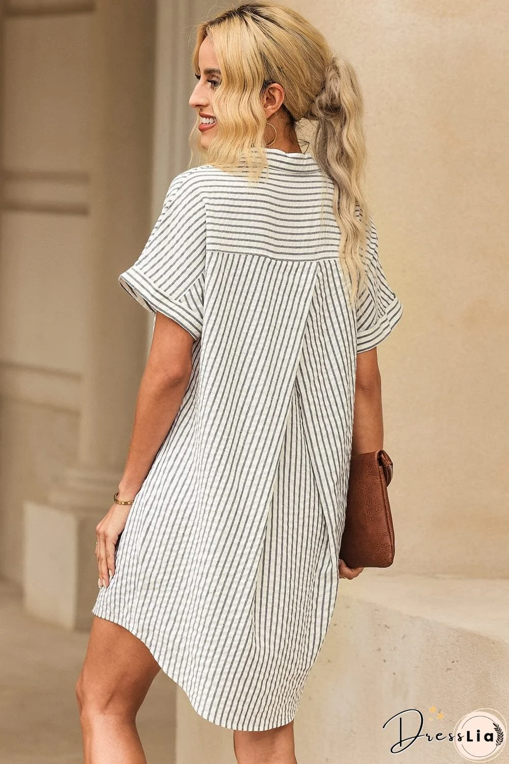 Full Size Striped Short Sleeve Shirt Dress