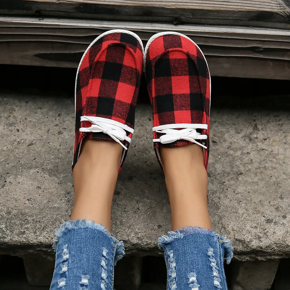 Smiledeer New Ladies Red and Black Plaid Flat Lace-Up Canvas Casual Shoes