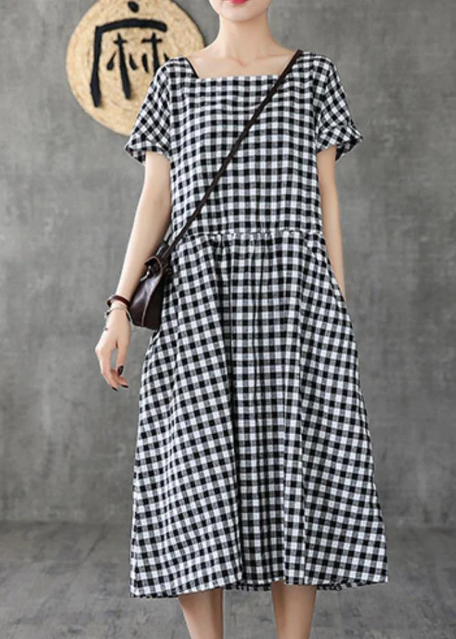 Organic black plaid linen cotton quilting clothes Square Collar patchwork cotton summer Dress