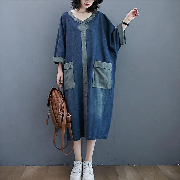 Oversized Women Casual Denim Dresses New 2020 Autumn Vintage Style V-neckLong Dress