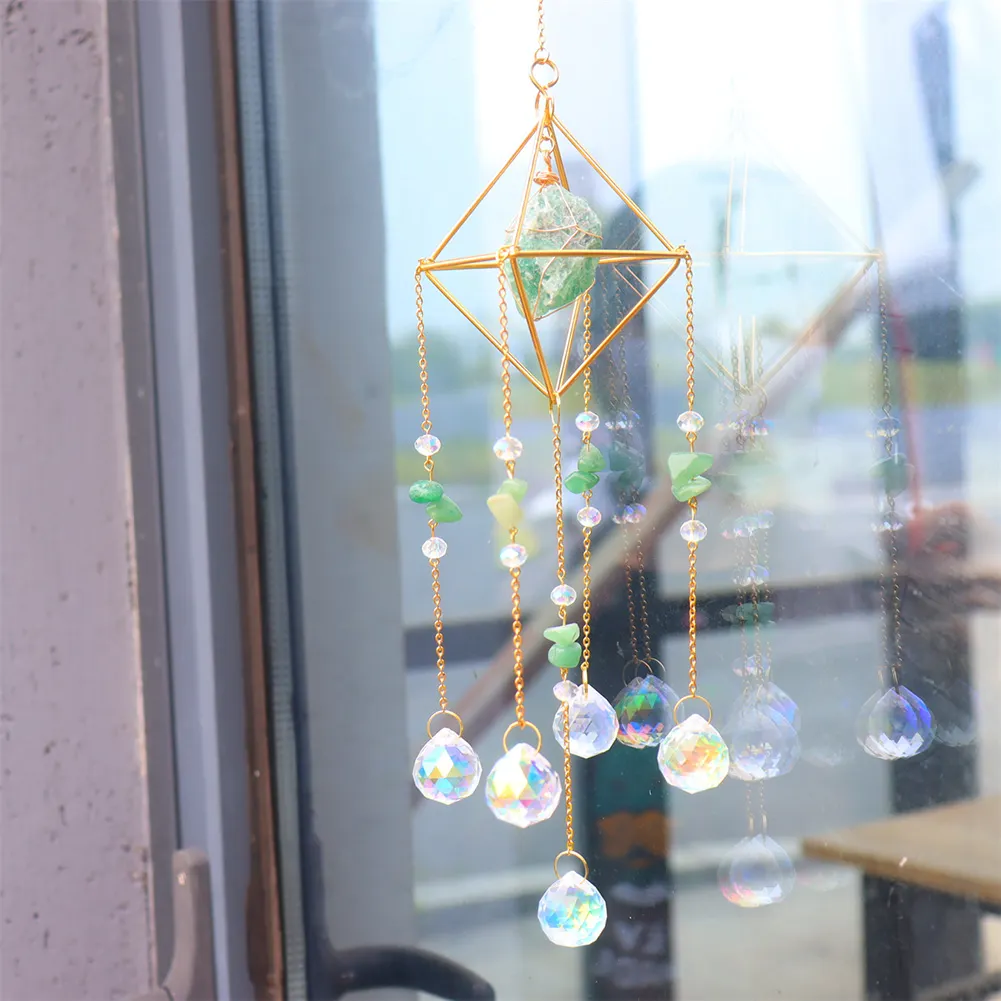Crystal Wind Chimes Natural Stone Prism Light Catcher Garden Decor (Green)