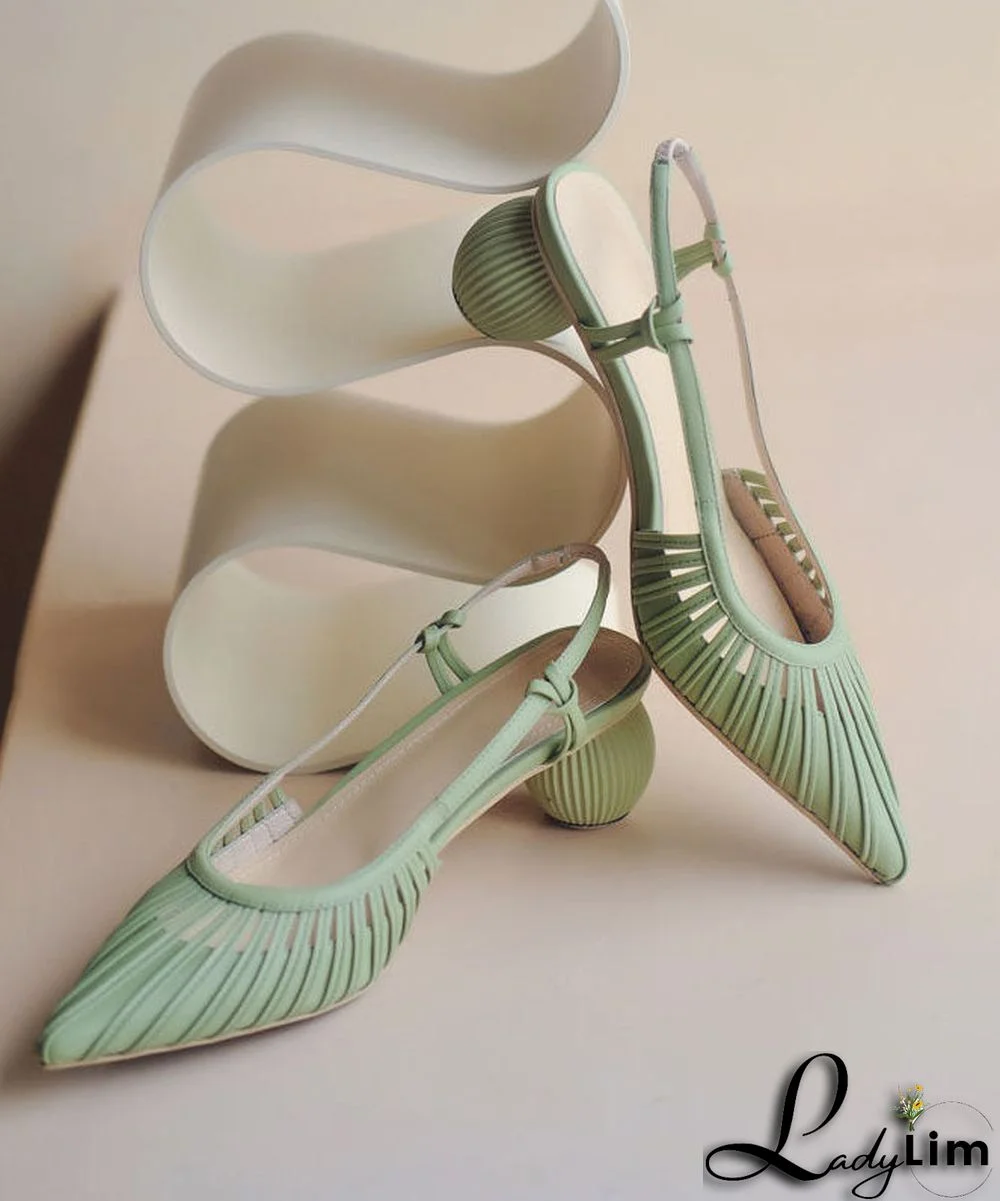 Light Green Pointed Toe Hollow Out Splicing Chunky Sandals