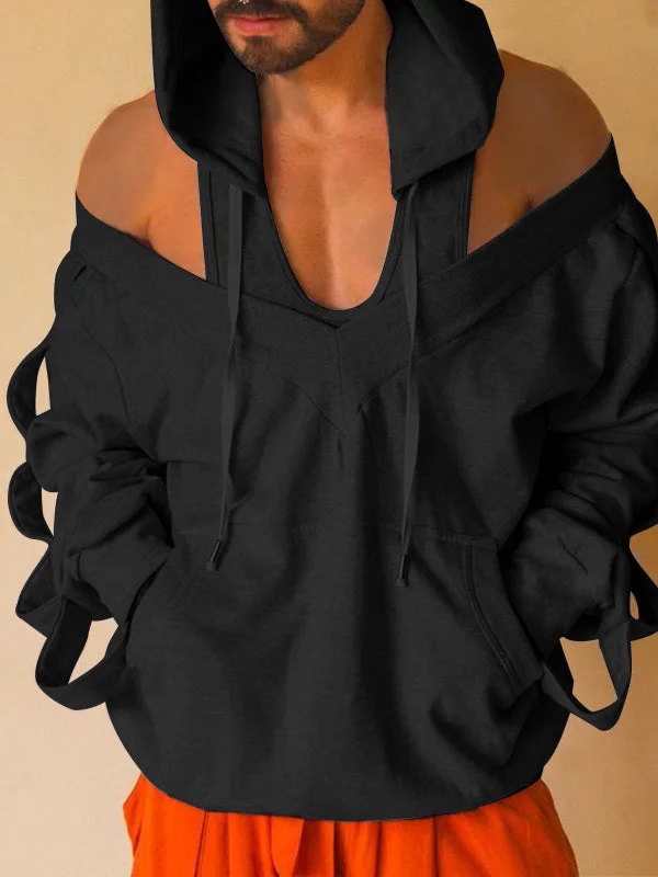 Aonga - Mens Cutout Off Shoulder Hooded SweatshirtI