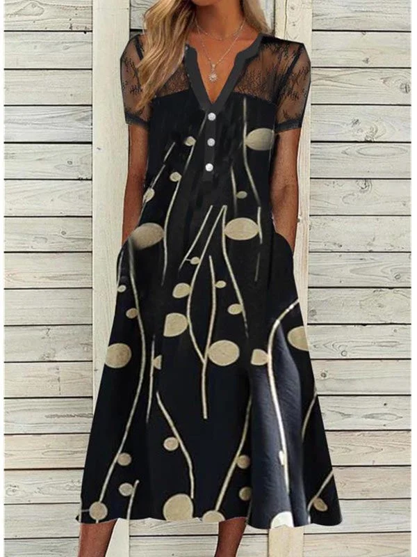 Women plus size clothing Women's Short Sleeve V-neck Lace Stitching Printed Midi Dress With Pockets-Nordswear