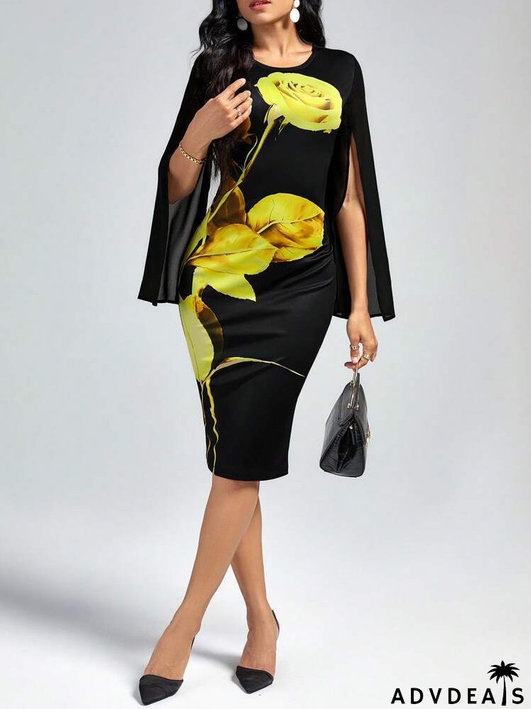 Floral Print Split Sleeve Bodycon Dress