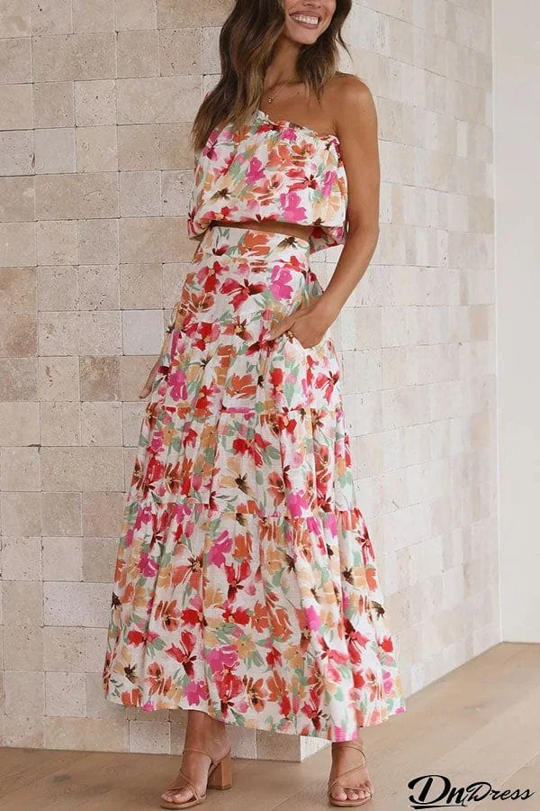 Sunny Spritzer Floral Pocketed One Shoulder Midi Skirt Set