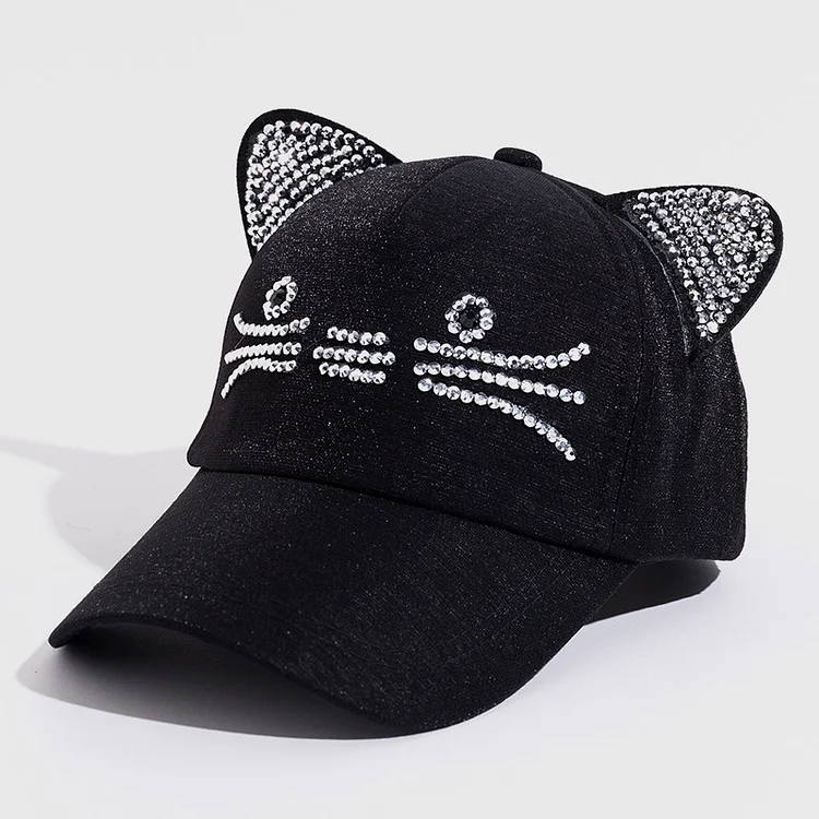Adult Kids Rhinestone Caps Snapback Hip-hop Solid Pink Black Gray White Diamond Baseball Cat Hats with Ears Adjustable Visor Cap