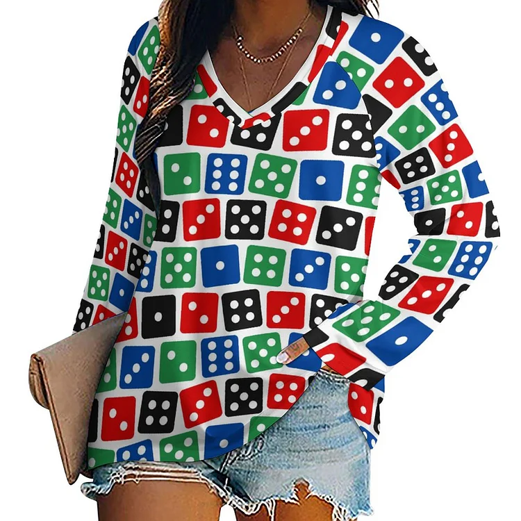 Colorful Las Vegas Welcome Sign Casino Dice Women Crew Neck Dressy Tops Loose V-Neck Long Sleeve Tunic Tops - Heather Prints Shirts