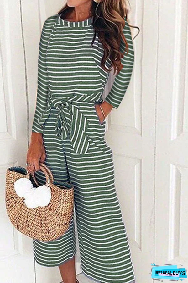 Striped Round Neck Lace-up Jumpsuit