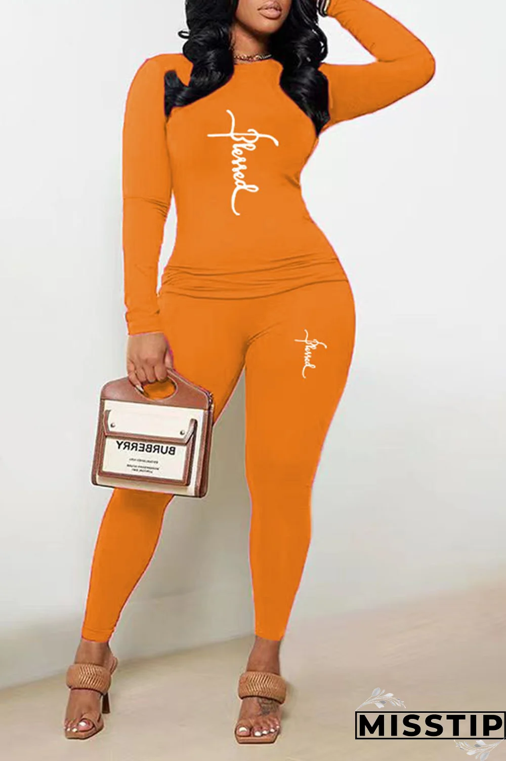 Black Street Print Patchwork O Neck Long Sleeve Two Pieces