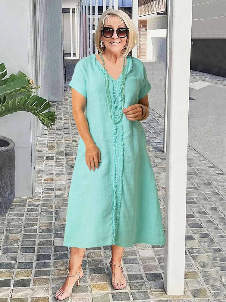 Cotton and Linen Tassel Tunic Midi Dress