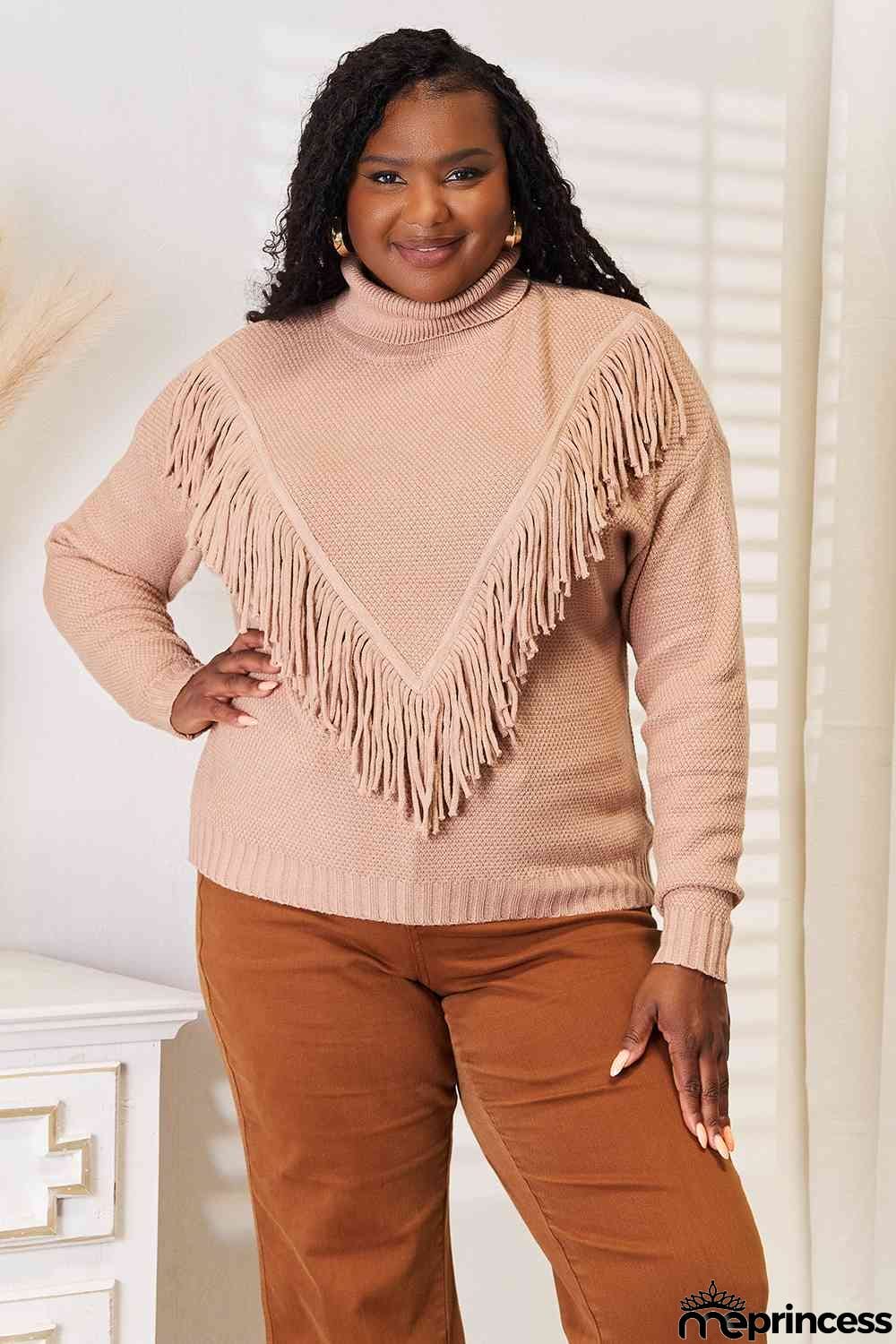 Woven Right Turtleneck Fringe Front Long Sleeve Sweater