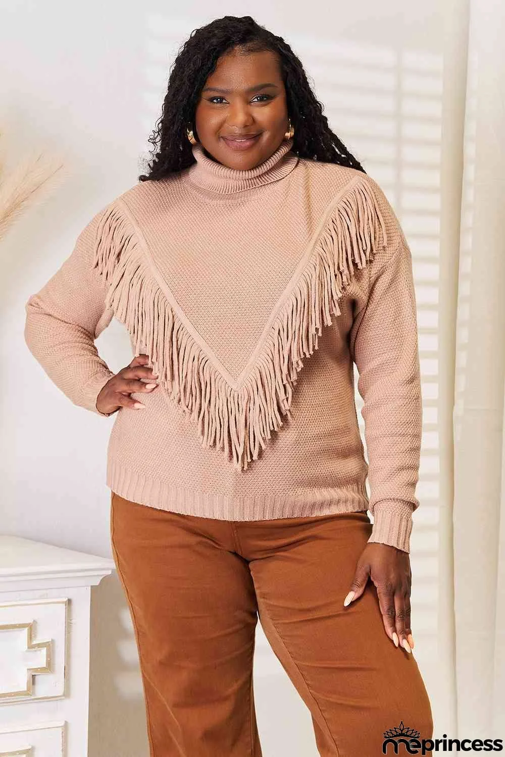 Woven Right Turtleneck Fringe Front Long Sleeve Sweater