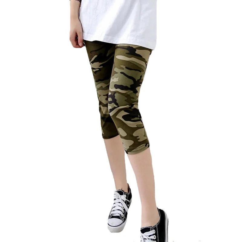 CUHAKCI Camouflage Printed Leggings Sexy Women Lady Army Green High Elastic Fitness Leggins Polyester Capris Workout Trousers
