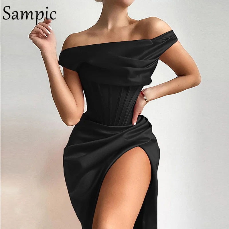 Sampic Sexy Women Fashion Party Club Red Long Split Wrap Stain Dress 2020 Black Off Shoulder Sleeveless Bodycon Corset Dress
