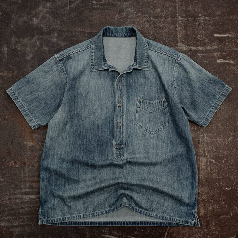 Men's Vintage Washed Distressed Denim Short Sleeve Shirt