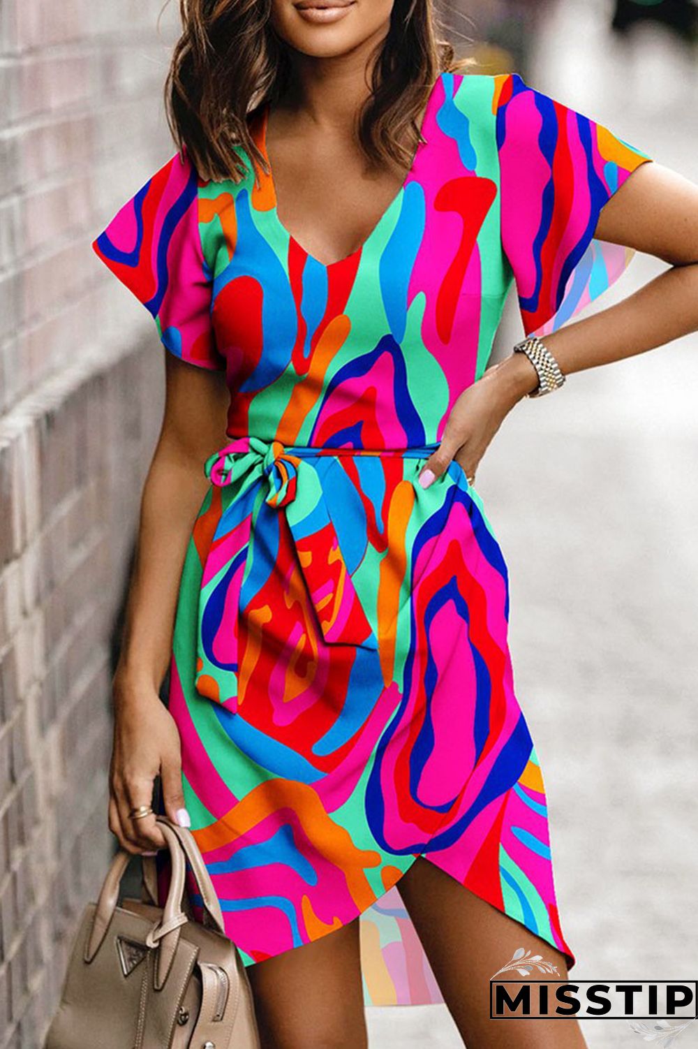 Army Green Casual Print Bandage Patchwork V Neck Irregular Dress Dresses