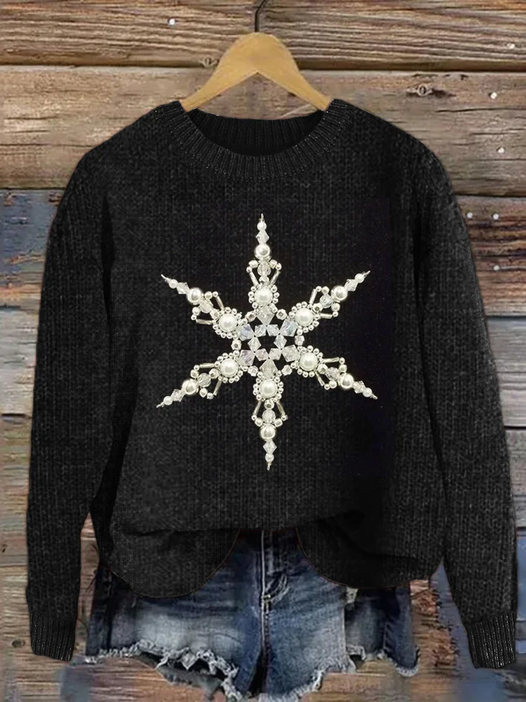 Classy Snowflake Jewelry Art Cozy Knit Sweater