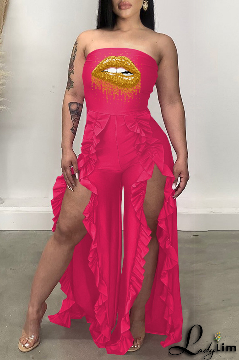 Black Sexy Print Flounce Strapless Boot Cut Jumpsuits