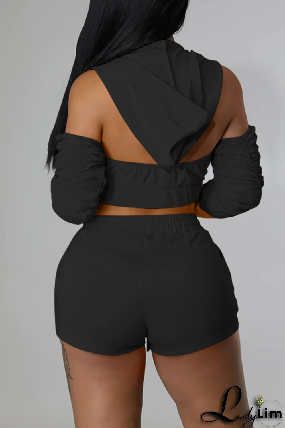 Black Sexy Print Patchwork Hooded Collar Three Quarter Two Pieces