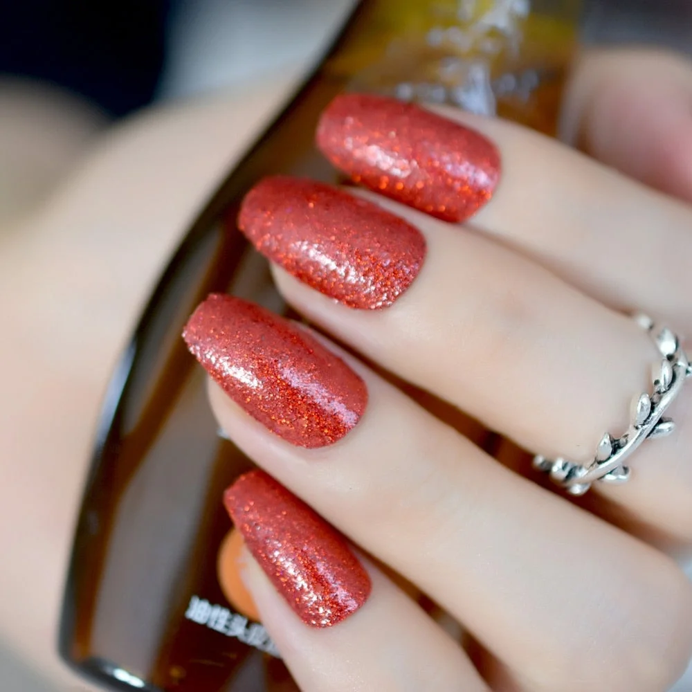 Rose Gold 24 Full Cover False Nails Gorgeous Glitter Ballerina Acrylic Nail Tips 12 sizes Full Coverage DIY Tips with Adhesive-Nail Inspo