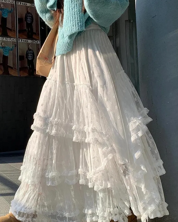 White French Embroidered Lace Maxi Skirt with Elastic Waistband