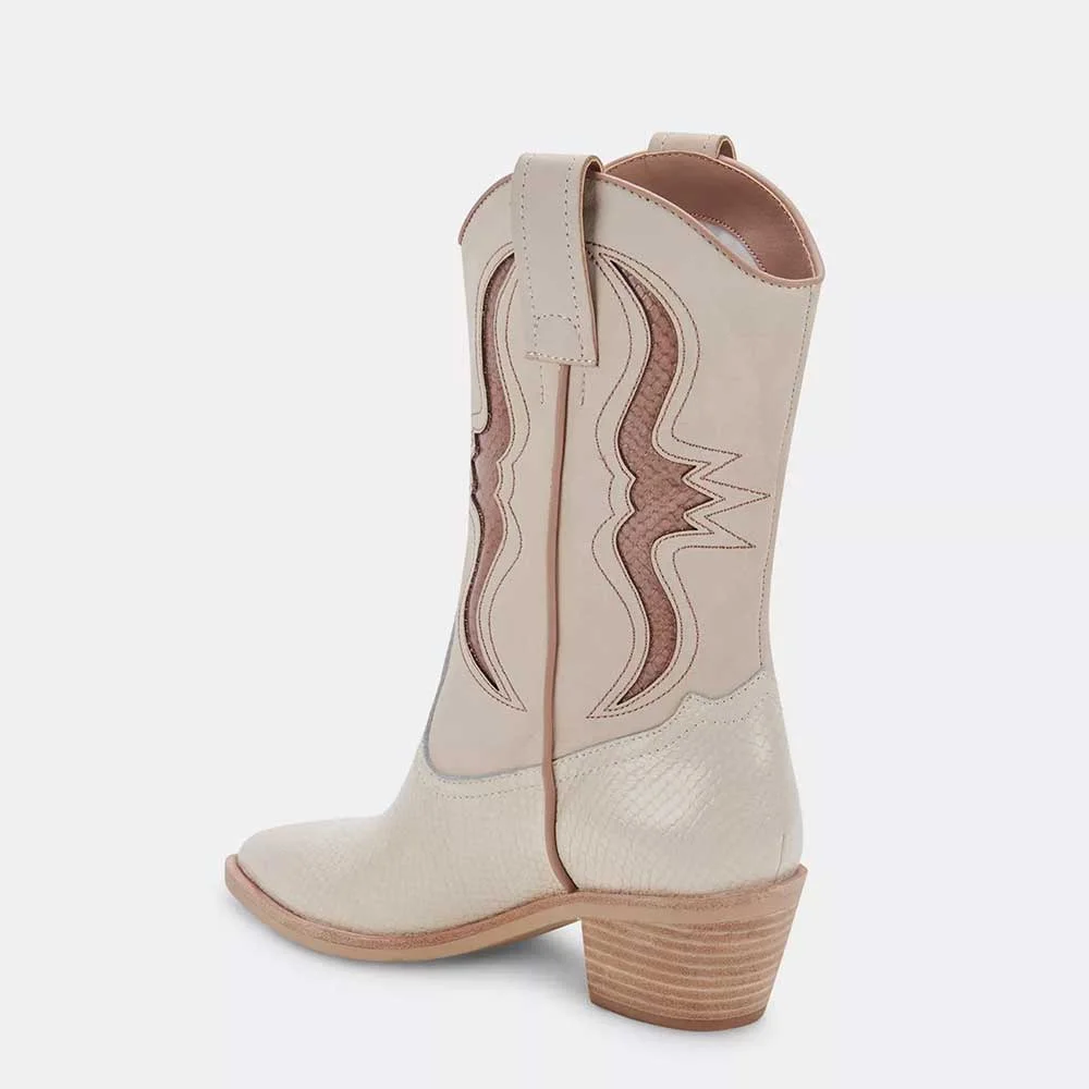Ivory Vegan Leather Pointed Toe Chunky Heel Python Cowgirl Boots