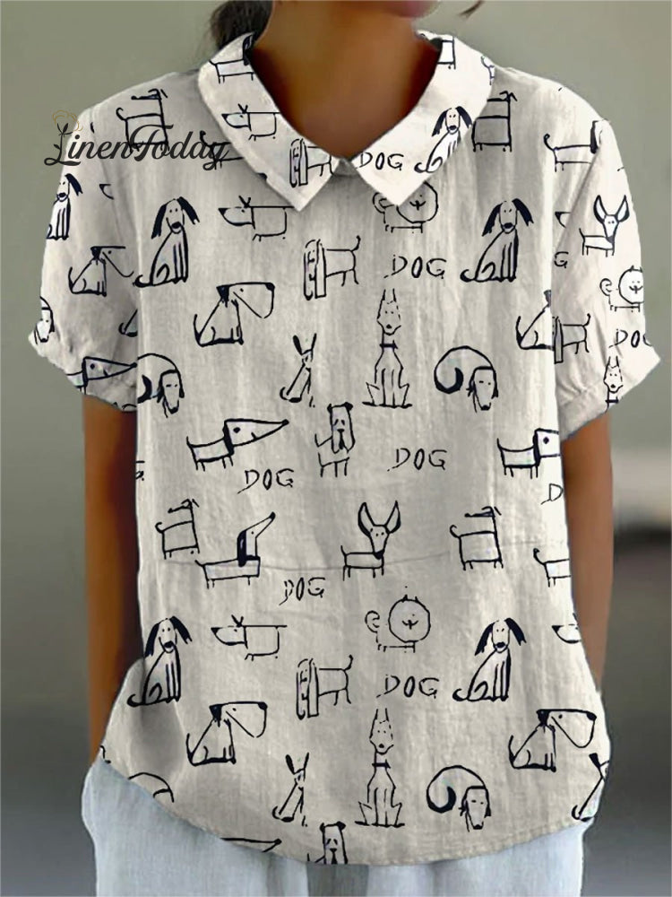 Women’s Cute Dog Print Casual Cotton And Linen Shirt Multicolor / S