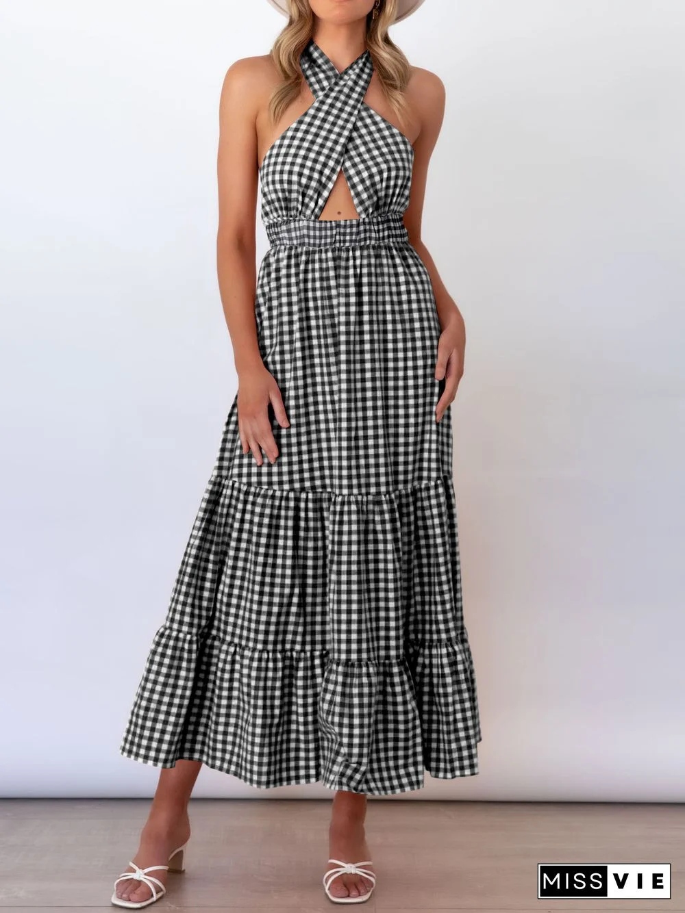 Checked/Plaid Casual Halter Short sleeve Woven Dress