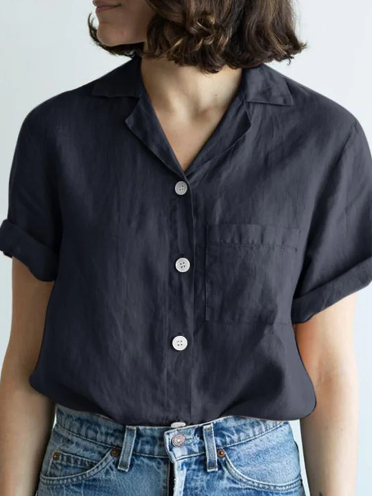 Comstylish Solid Color Pocket Linen Blend Short Sleeve Shirt