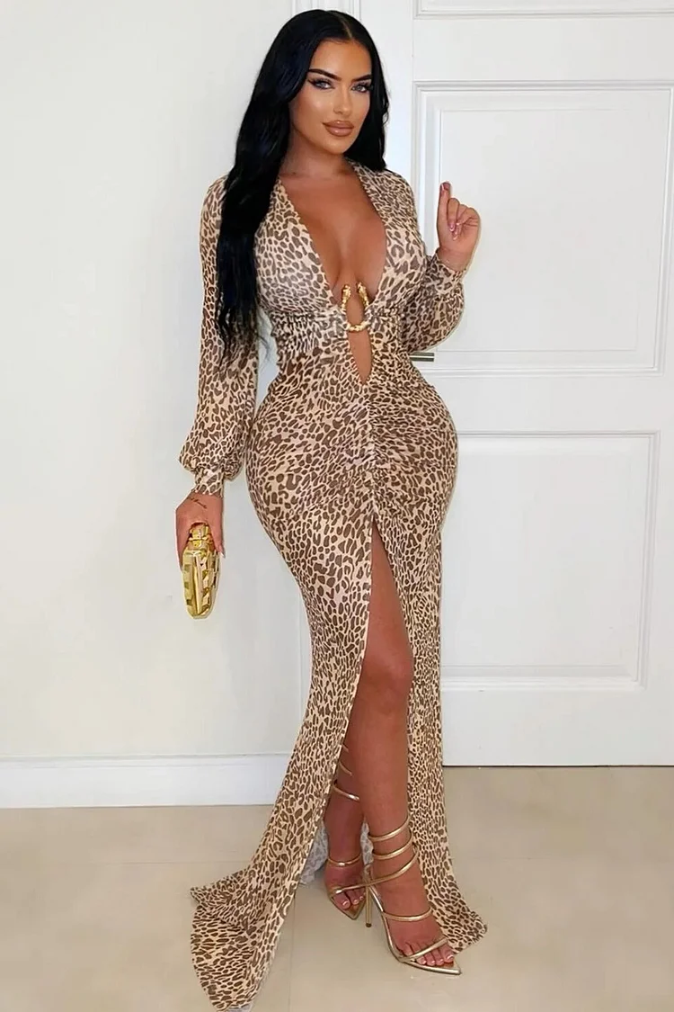 Deep V Neck Leopard Print Slit Bodycon Maxi Dresses-Beige [Pre Order]